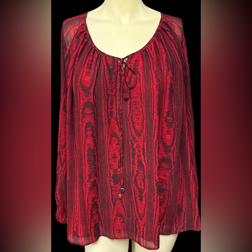 Michael Kors peasant blouse rhubarb red black animal print long sleeves $125 new